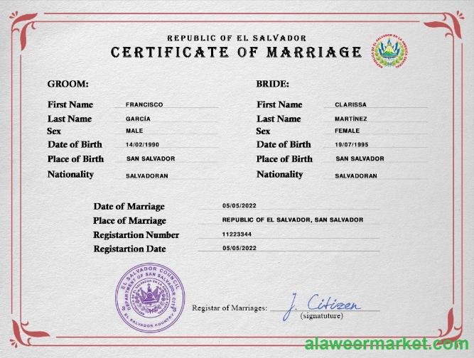 El Salvador marriage certificate PSD template